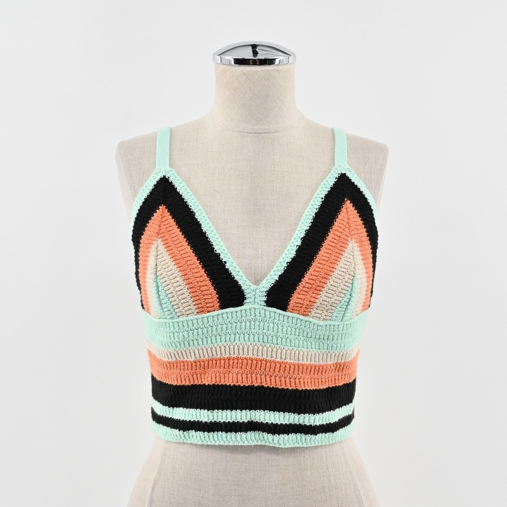 Zara Crochet Knit Crop Top Striped V Neck Sleeveless Summer‎ Casual Boho